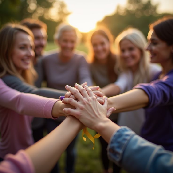 Diverse group joining hands together in a circle of support
